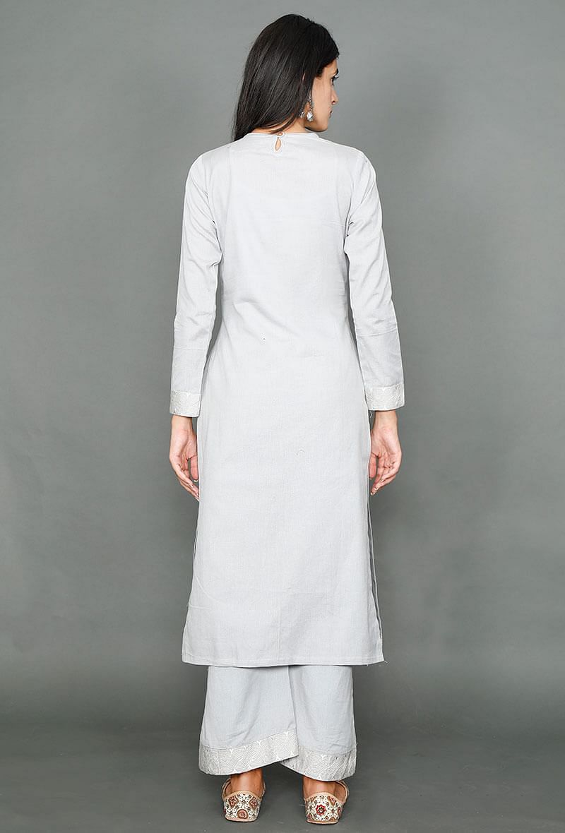 Pale Grey Kurta With Kantha Embroidered Yoke