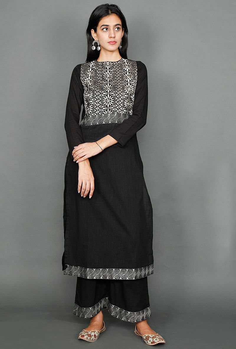 Black Kurta With Floral Kantha Embroidery