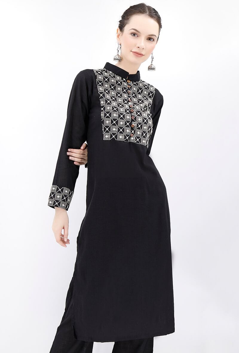 Black Collared Kurta With Kantha Embroidery