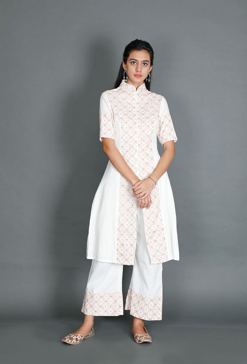 White Kurta With Mustard Kantha Embroidery