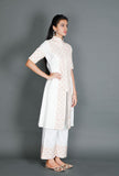 White Kurta With Mustard Kantha Embroidery