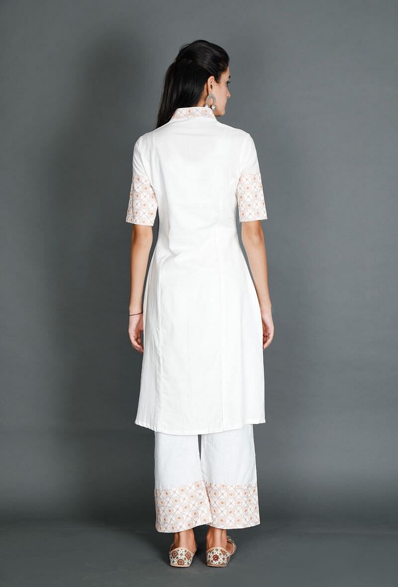 White Kurta With Mustard Kantha Embroidery