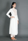 White Anarkali With Mustard Kantha Embroidery