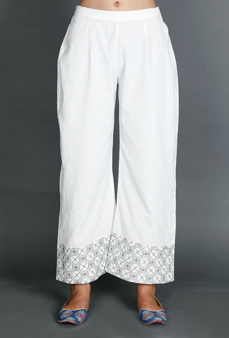 White Palazzos With Kantha Border