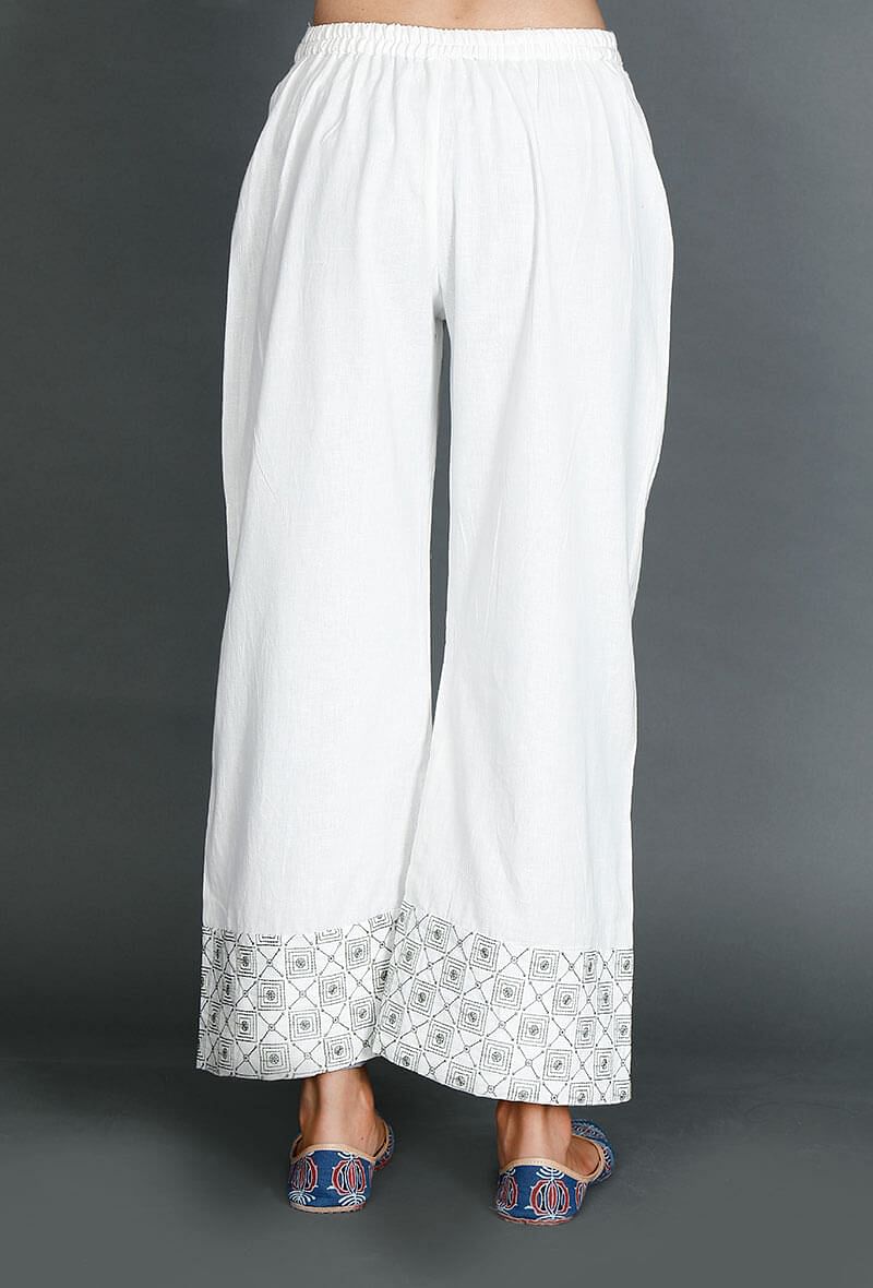 White Palazzos With Kantha Border