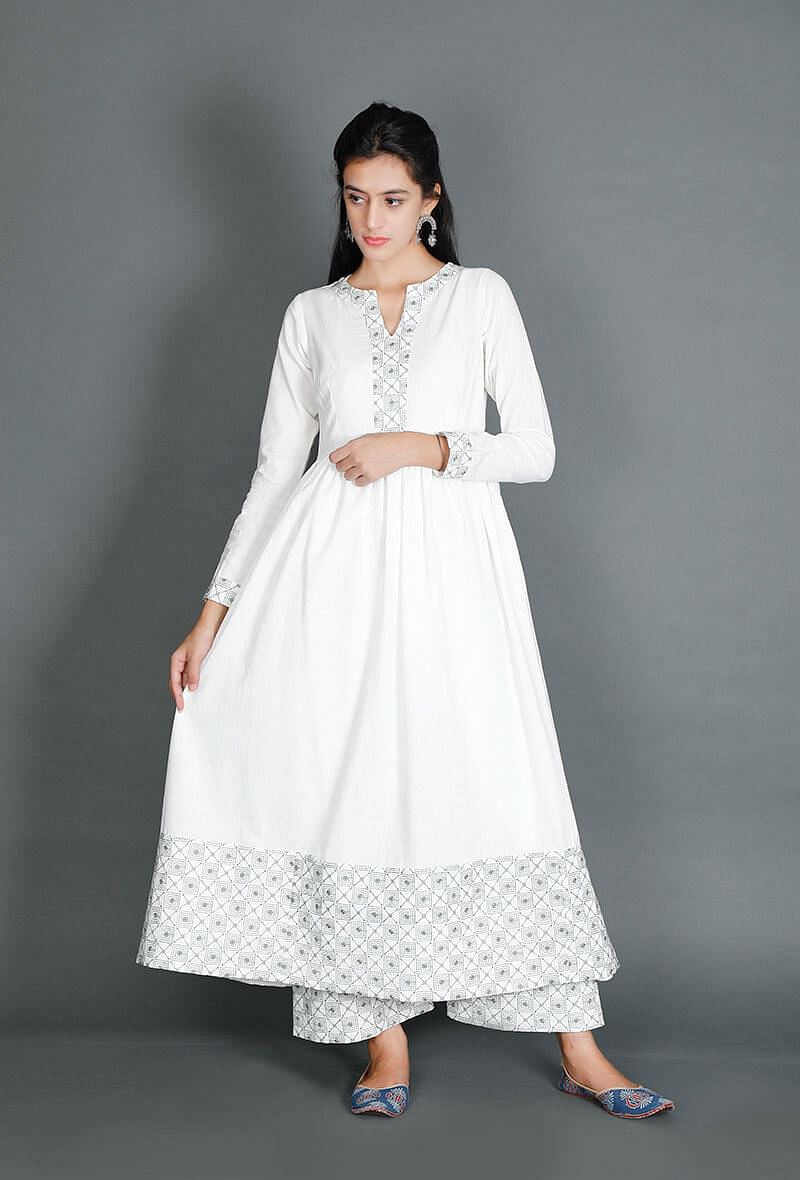 White Anarkali With Beautiful Kantha Border
