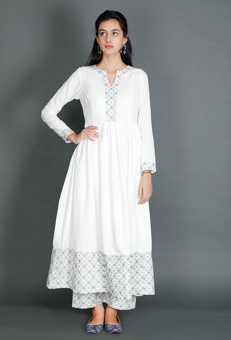 White Anarkali With Beautiful Kantha Border