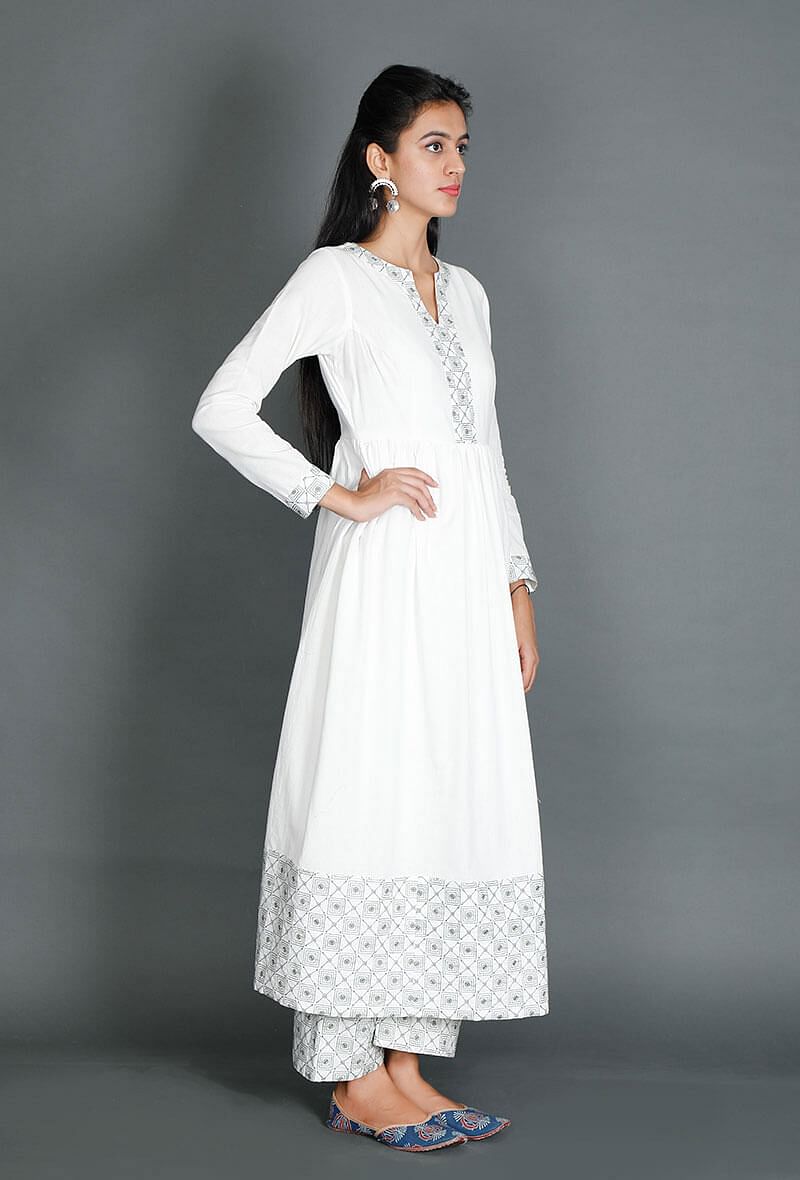 White Anarkali With Beautiful Kantha Border
