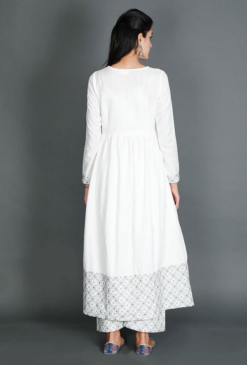 White Anarkali With Beautiful Kantha Border