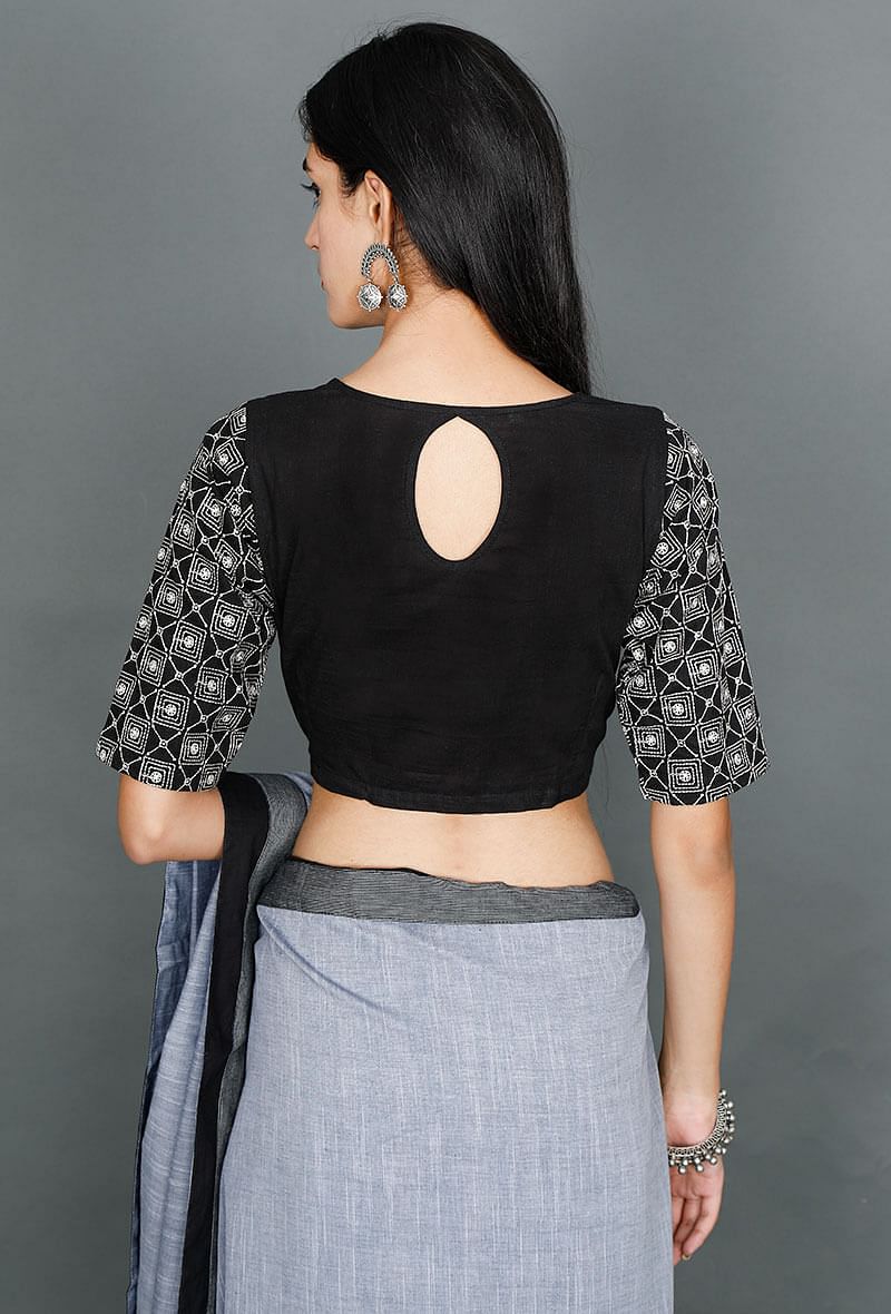 Black Blouse With White Kantha Embroiderey