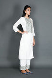 White Cotton Kurta With Green Floral Kantha Work