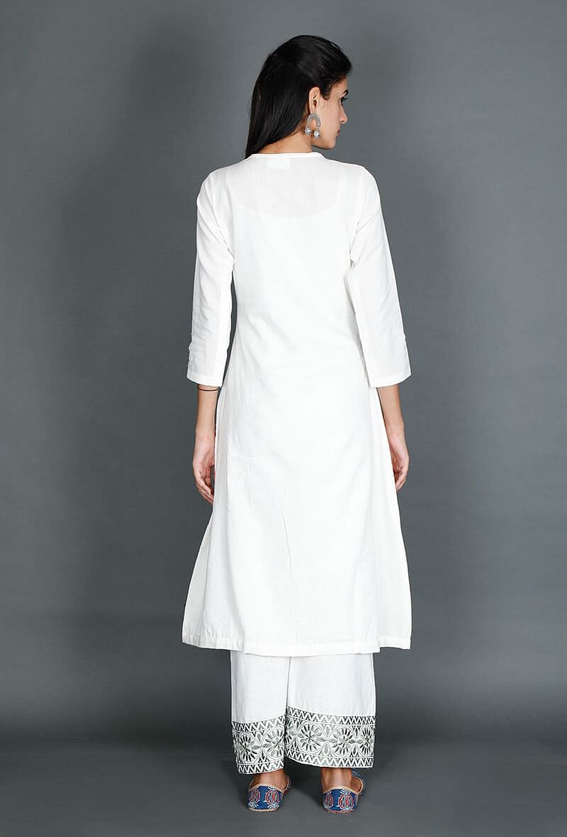White Cotton Kurta With Green Floral Kantha Work