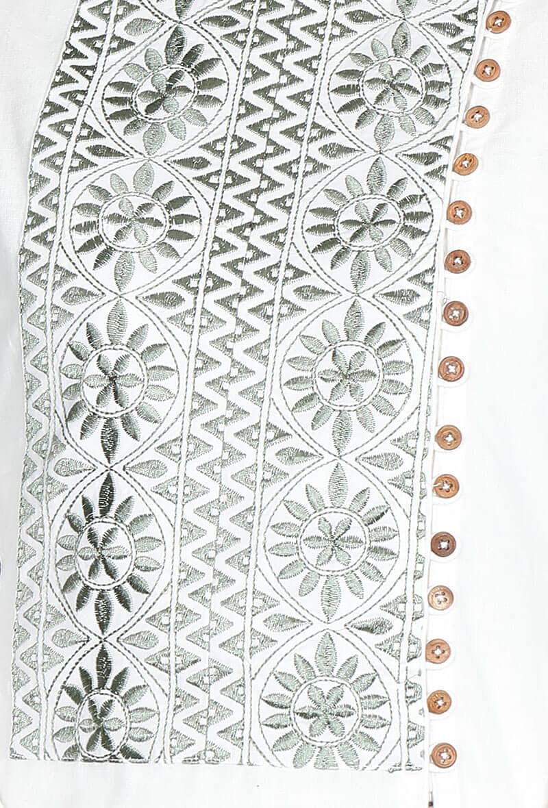 White Cotton Kurta With Green Floral Kantha Work