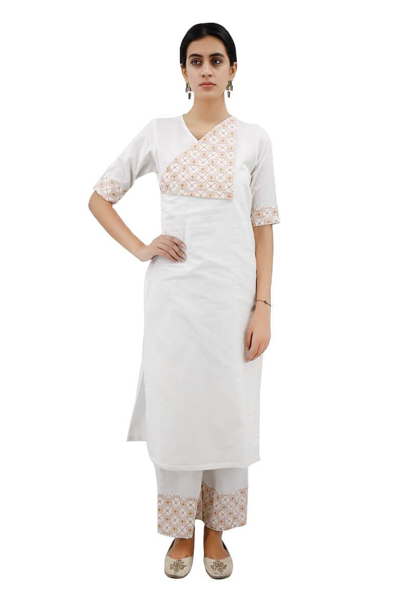 White Cotton Kurta With Mustard Kantha Embroidery