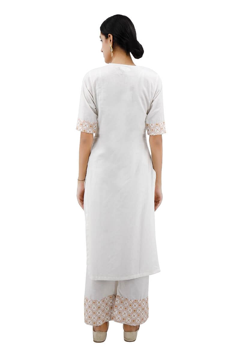 White Cotton Kurta With Mustard Kantha Embroidery