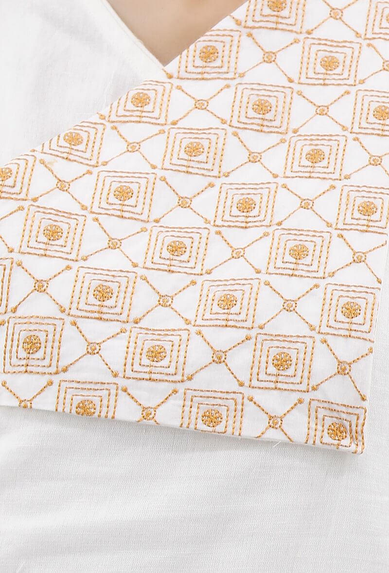 White Cotton Kurta With Mustard Kantha Embroidery