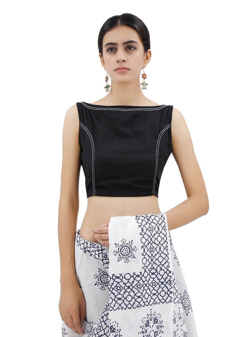 Black Boat Neck Blouse With Stitch Lines