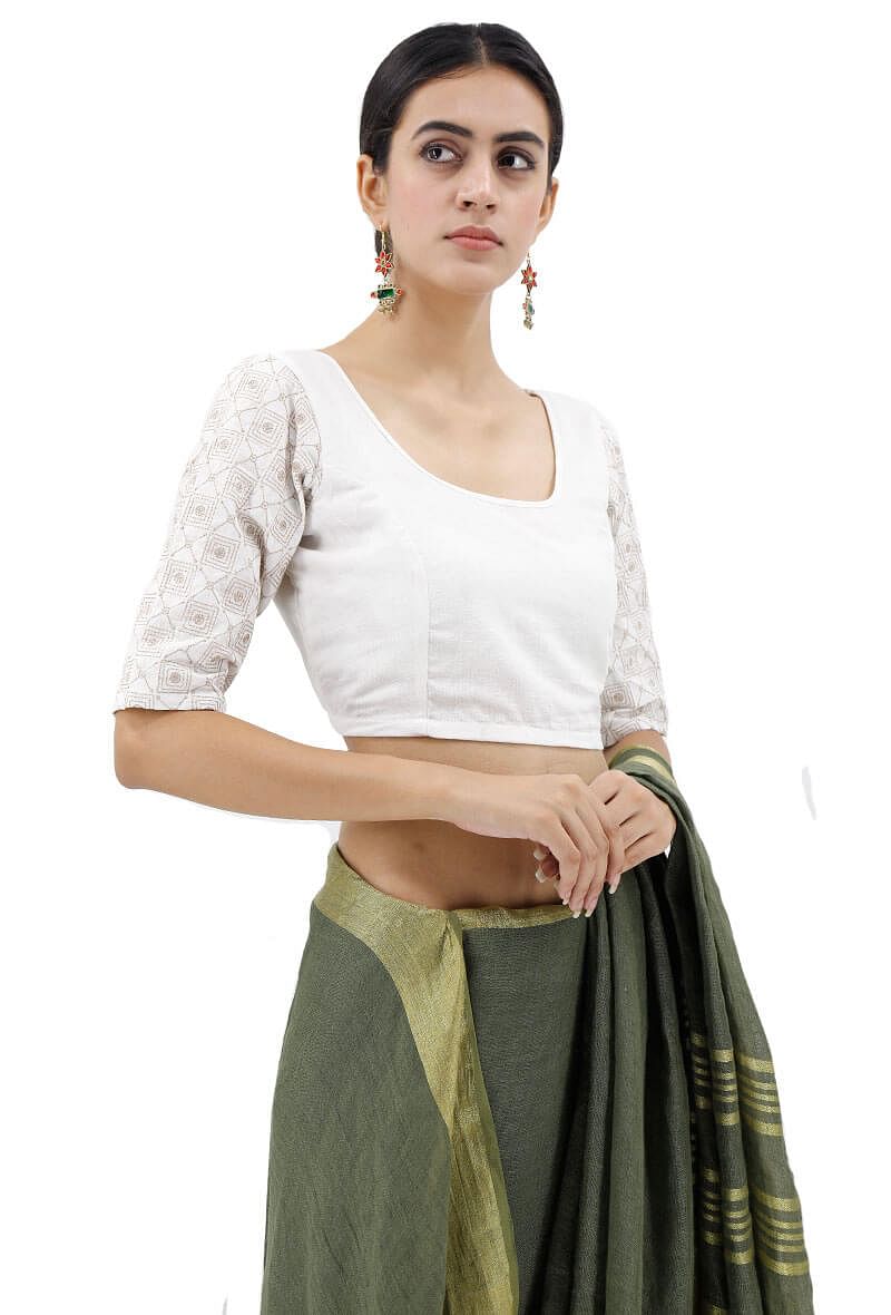 White Blouse With Beige Kantha Sleeves