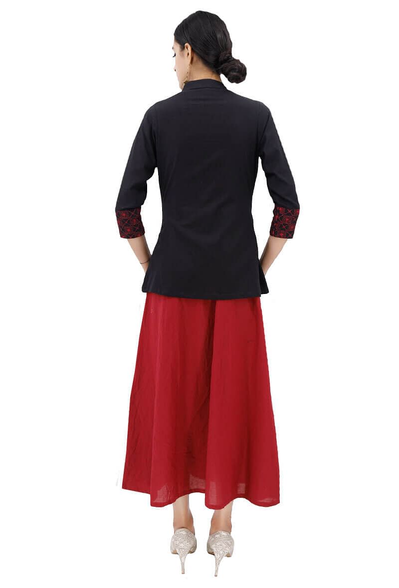 Short Black Cape With Maroon Kantha Embroidery