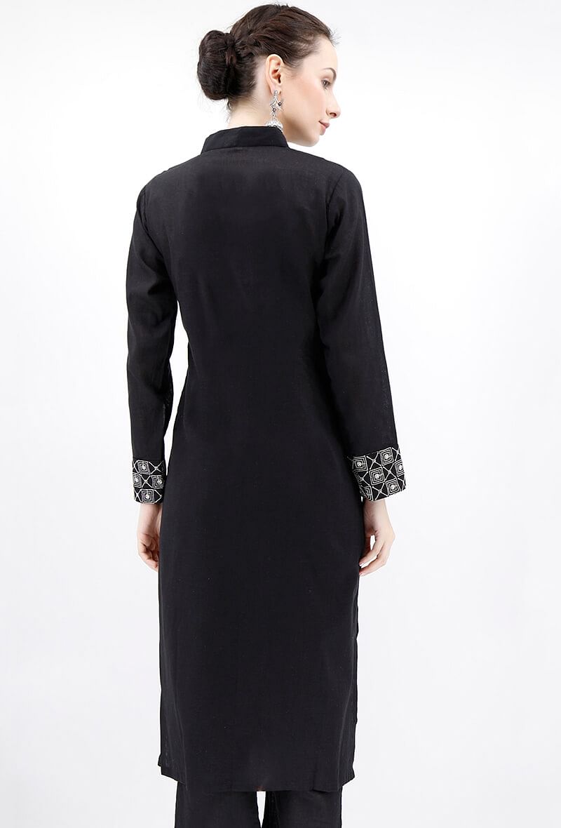 Black Collared Kurta With Kantha Embroidery