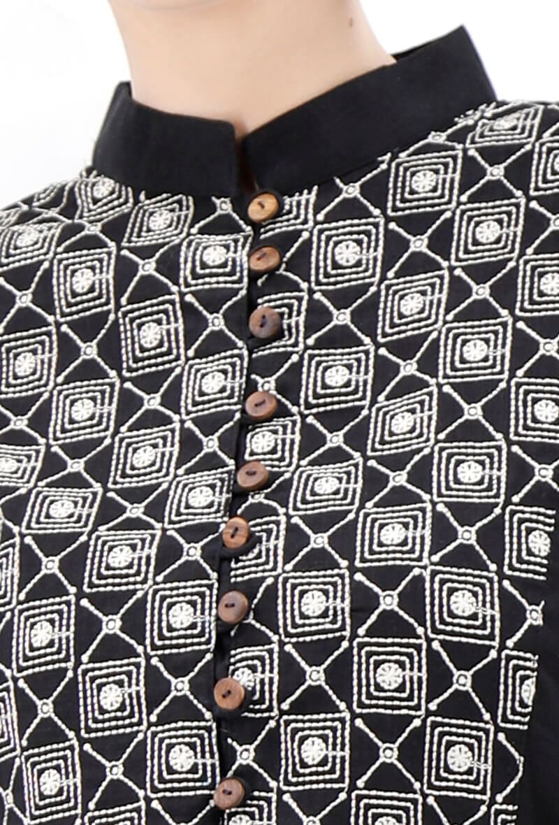 Black Collared Kurta With Kantha Embroidery