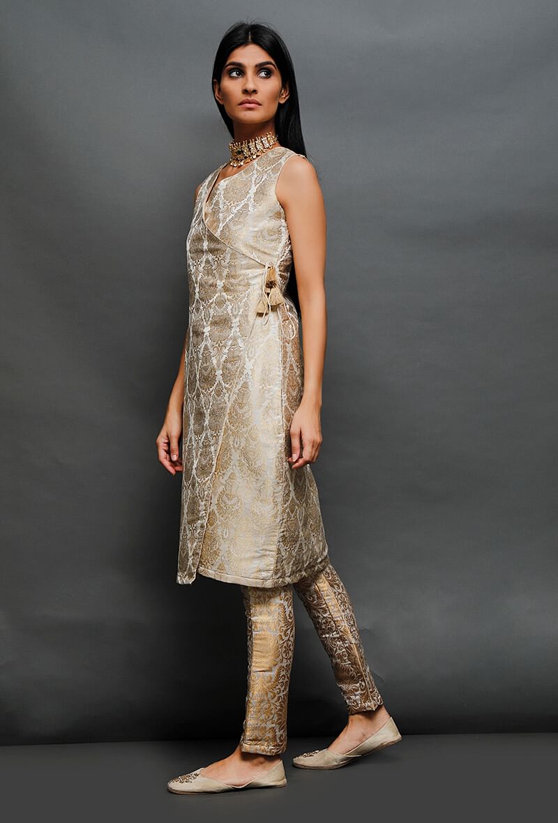 Off White Brocade Angrakha Kurta With Golden Tassel