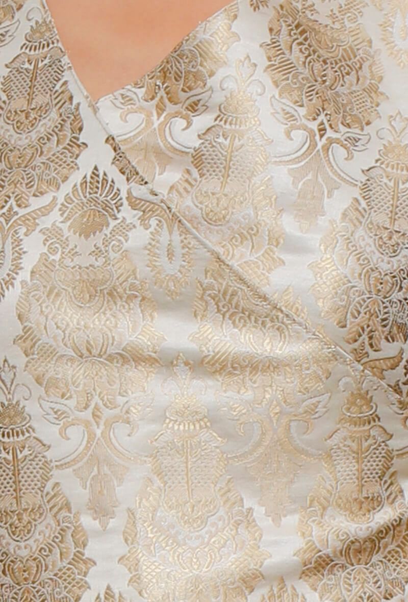 Off White Brocade Angrakha Kurta With Golden Tassel
