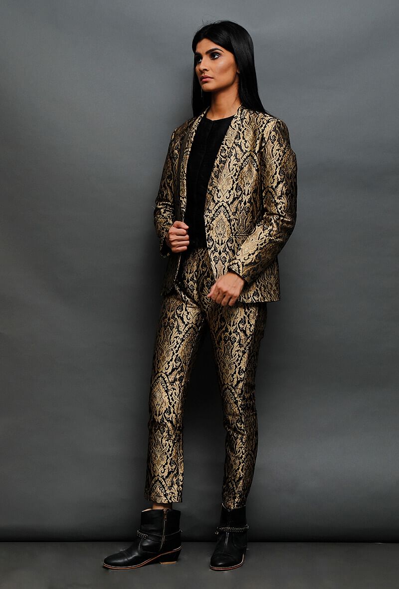 Set Of Black Brocade Blazer And Pant With Dupion Top