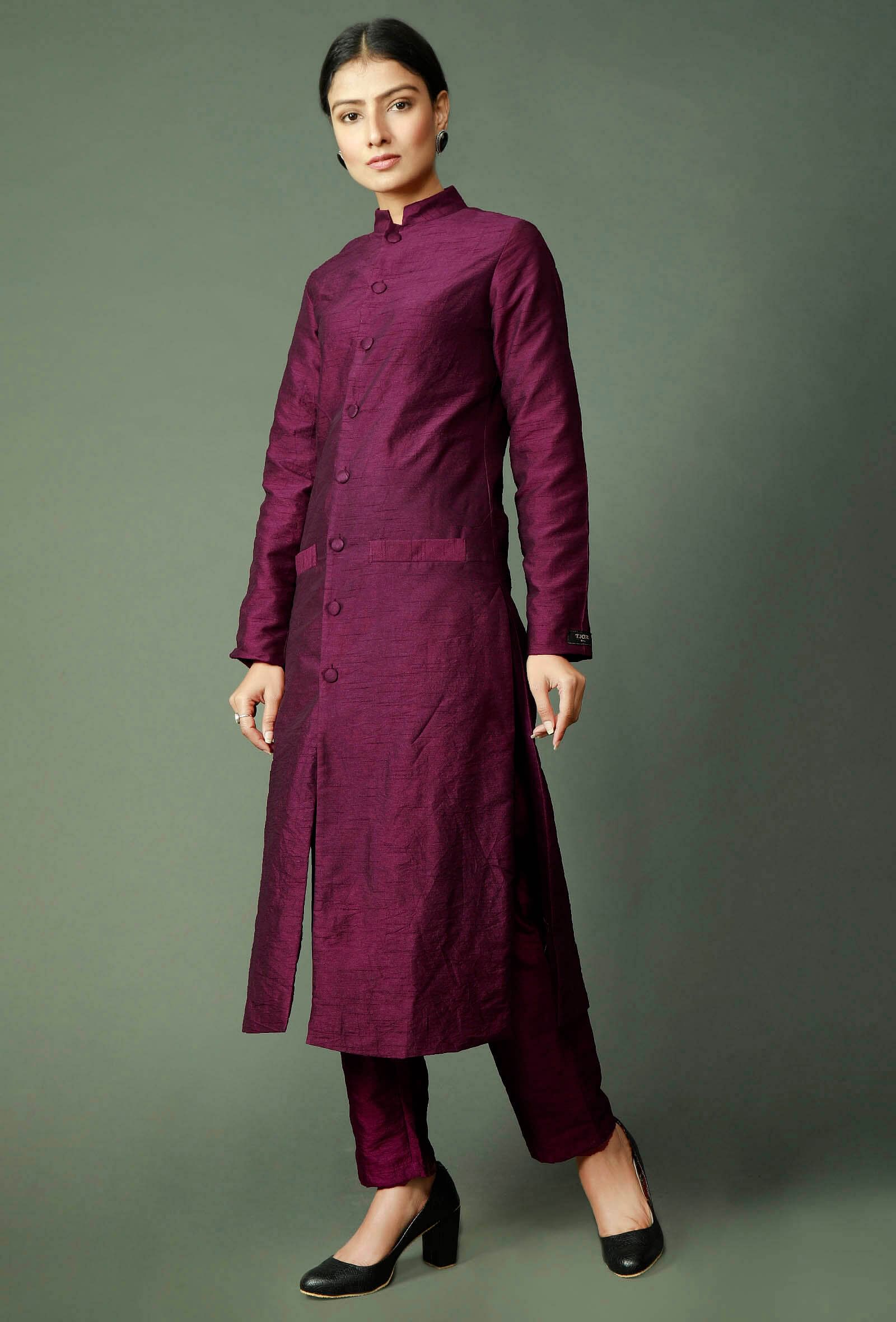 Set Of 2: Wine Raw Silk Achkan And Pants