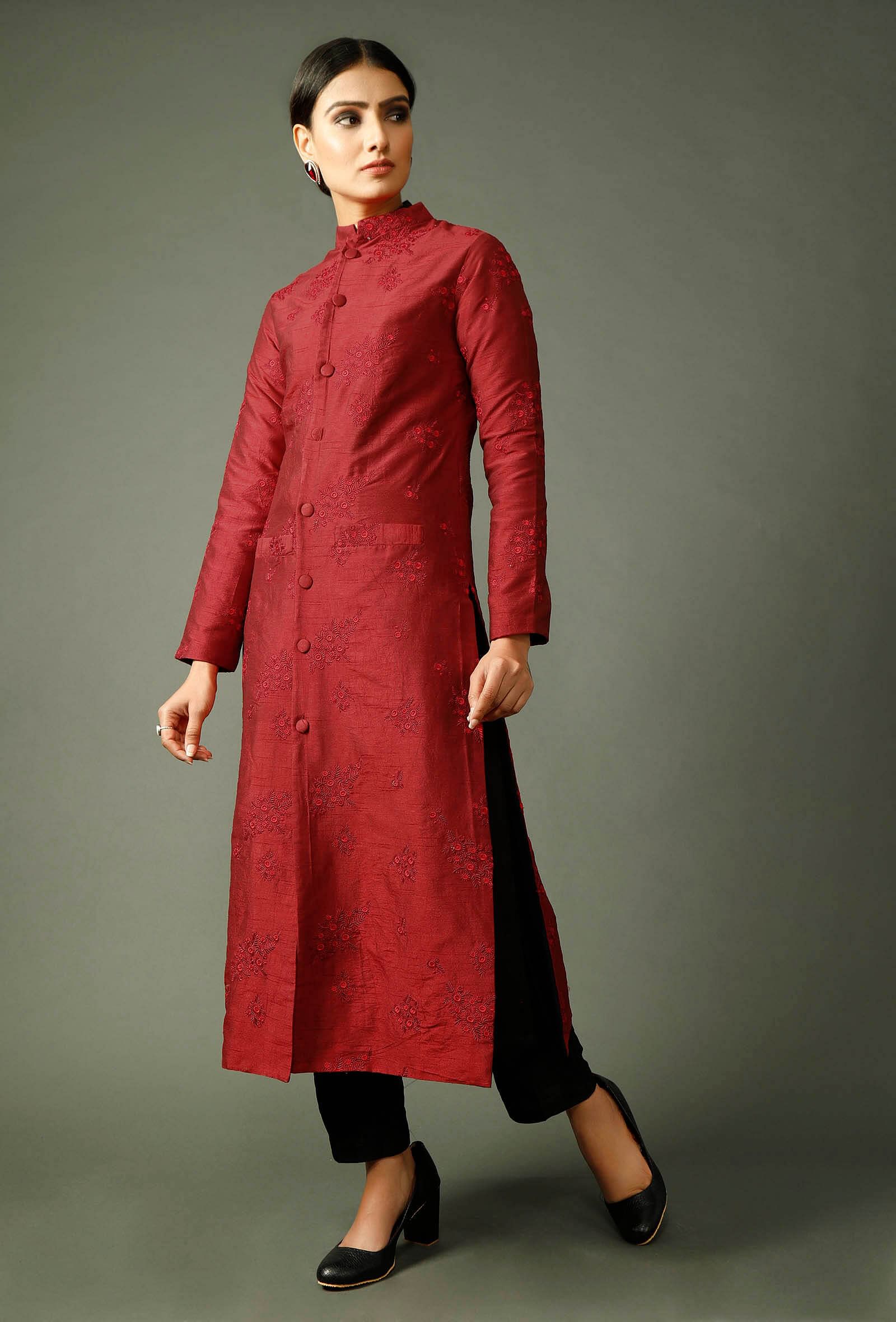 Thread Embroidered Maroon Raw Silk Jacket