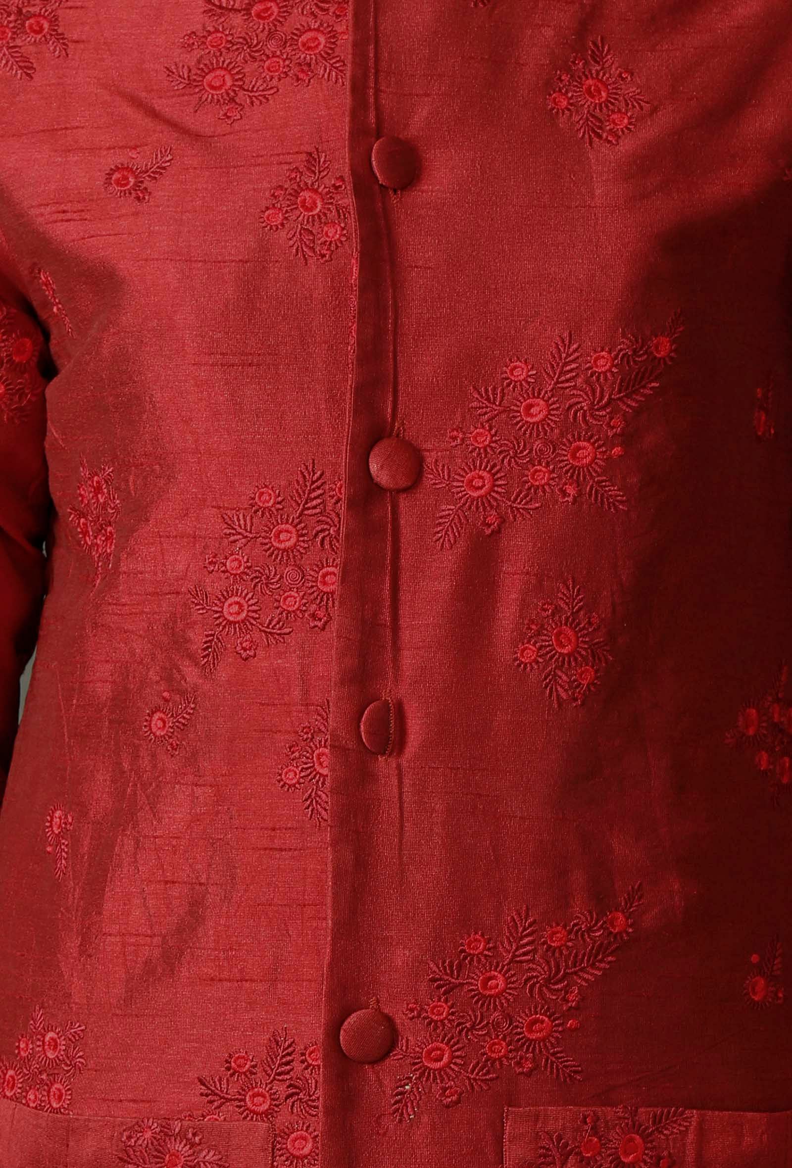 Thread Embroidered Maroon Raw Silk Jacket