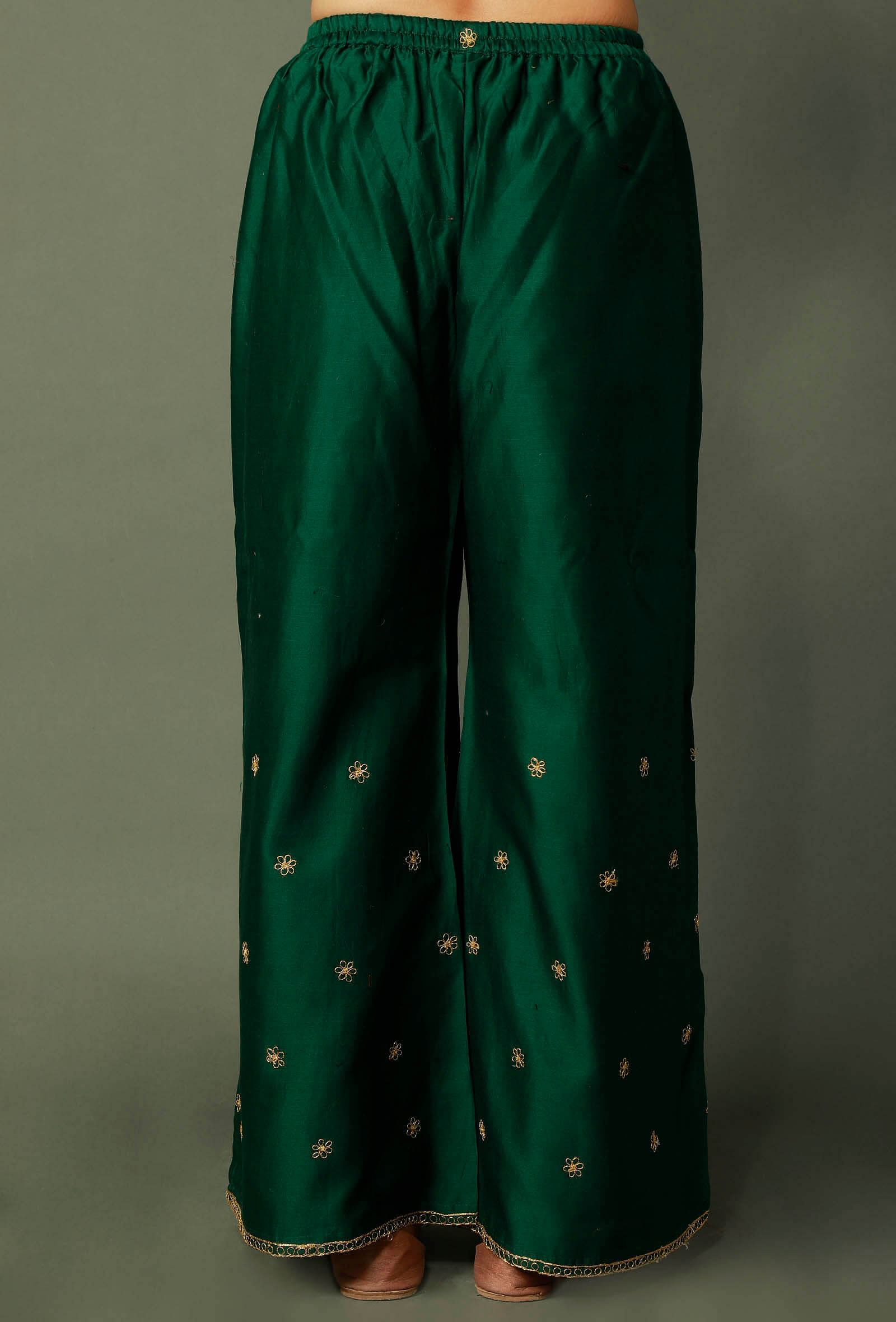 Green Chanderi Palazzos With Zari Embroidery