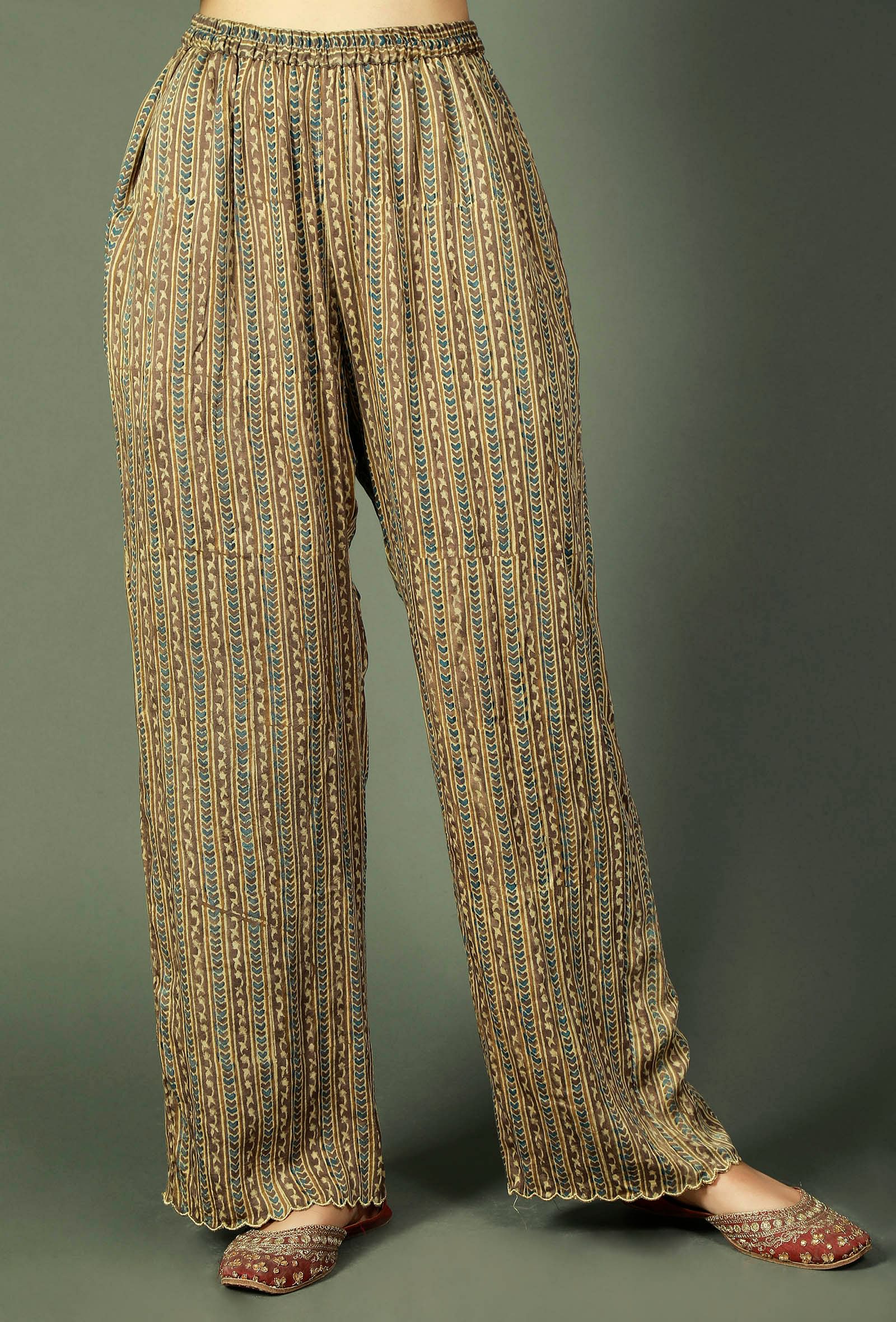 Blue And Grey Ajrakh Striped Modal Silk Palazzos