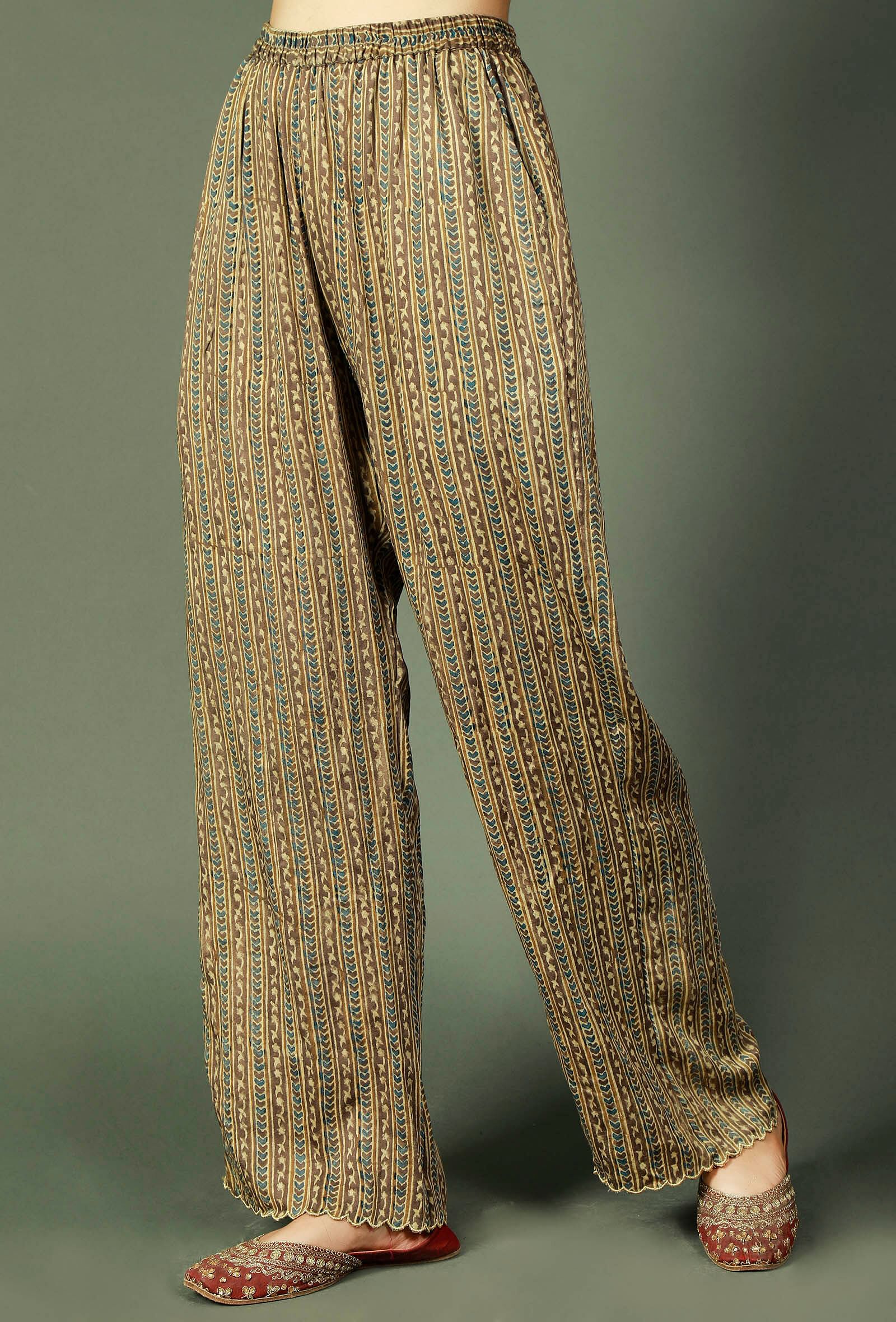 Blue And Grey Ajrakh Striped Modal Silk Palazzos