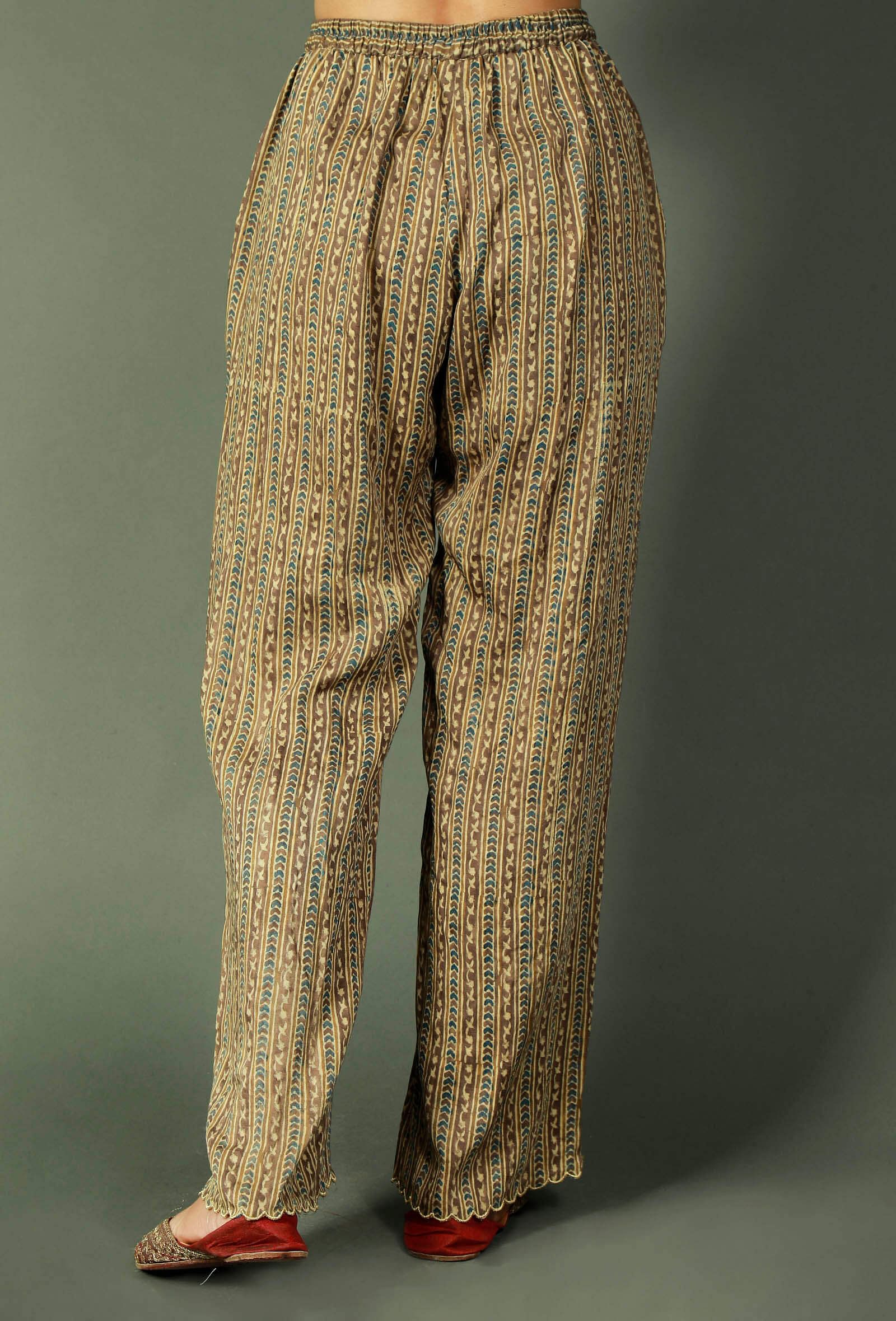 Blue And Grey Ajrakh Striped Modal Silk Palazzos