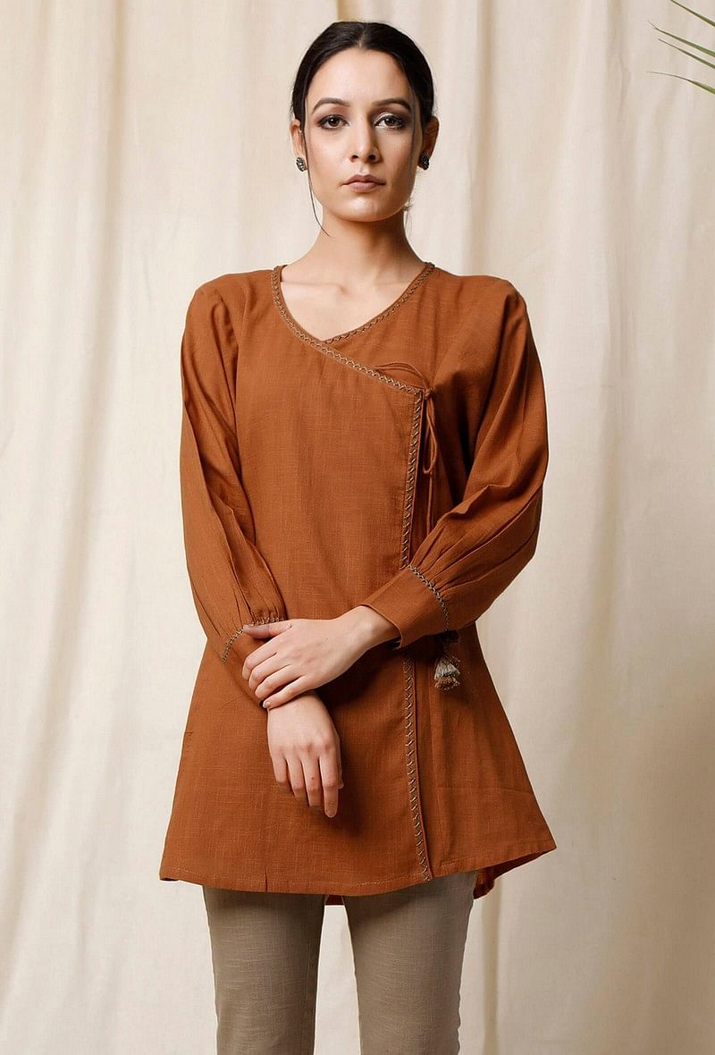 Narangi Angrakha Cotton Slub Top
