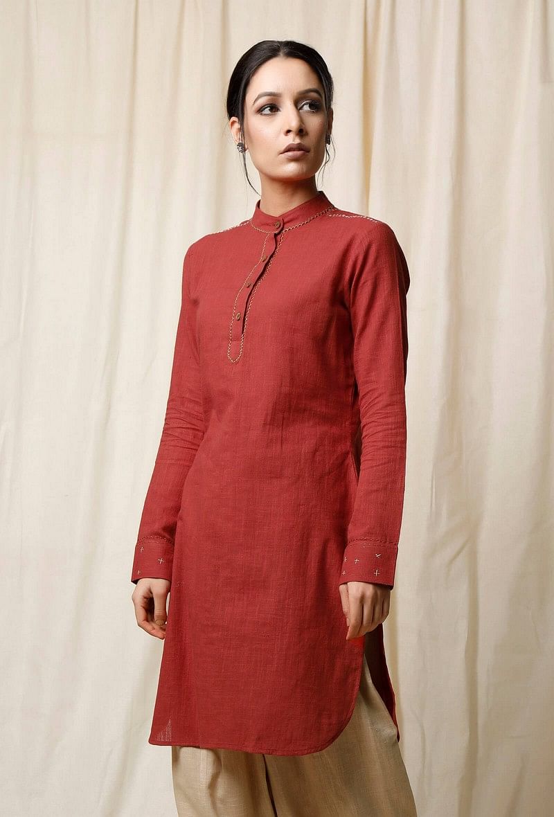 Gerua Pathani Cotton Slub Kurta