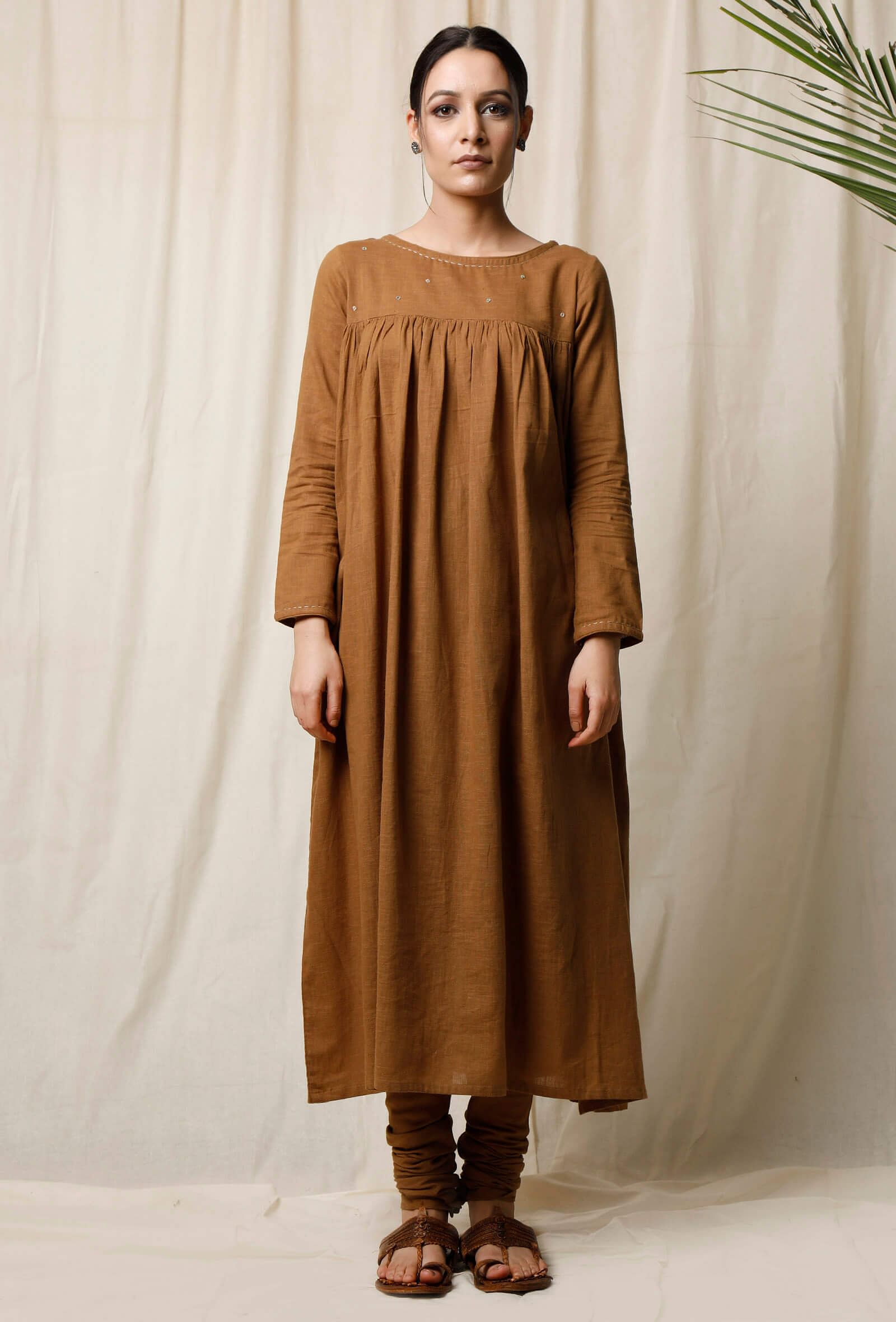 Khaki Cotton Slub Gathered Kurta