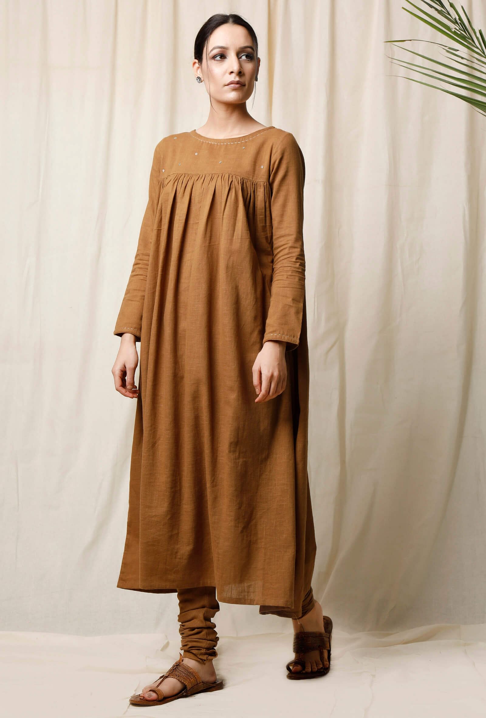 Khaki Cotton Slub Gathered Kurta