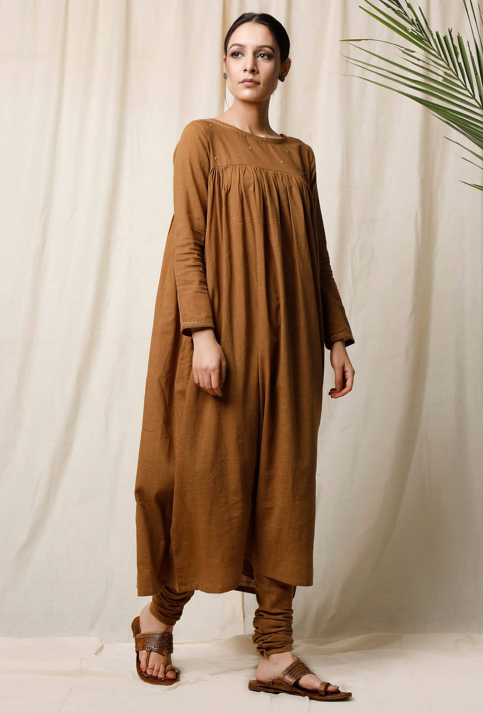 Khaki Cotton Slub Gathered Kurta