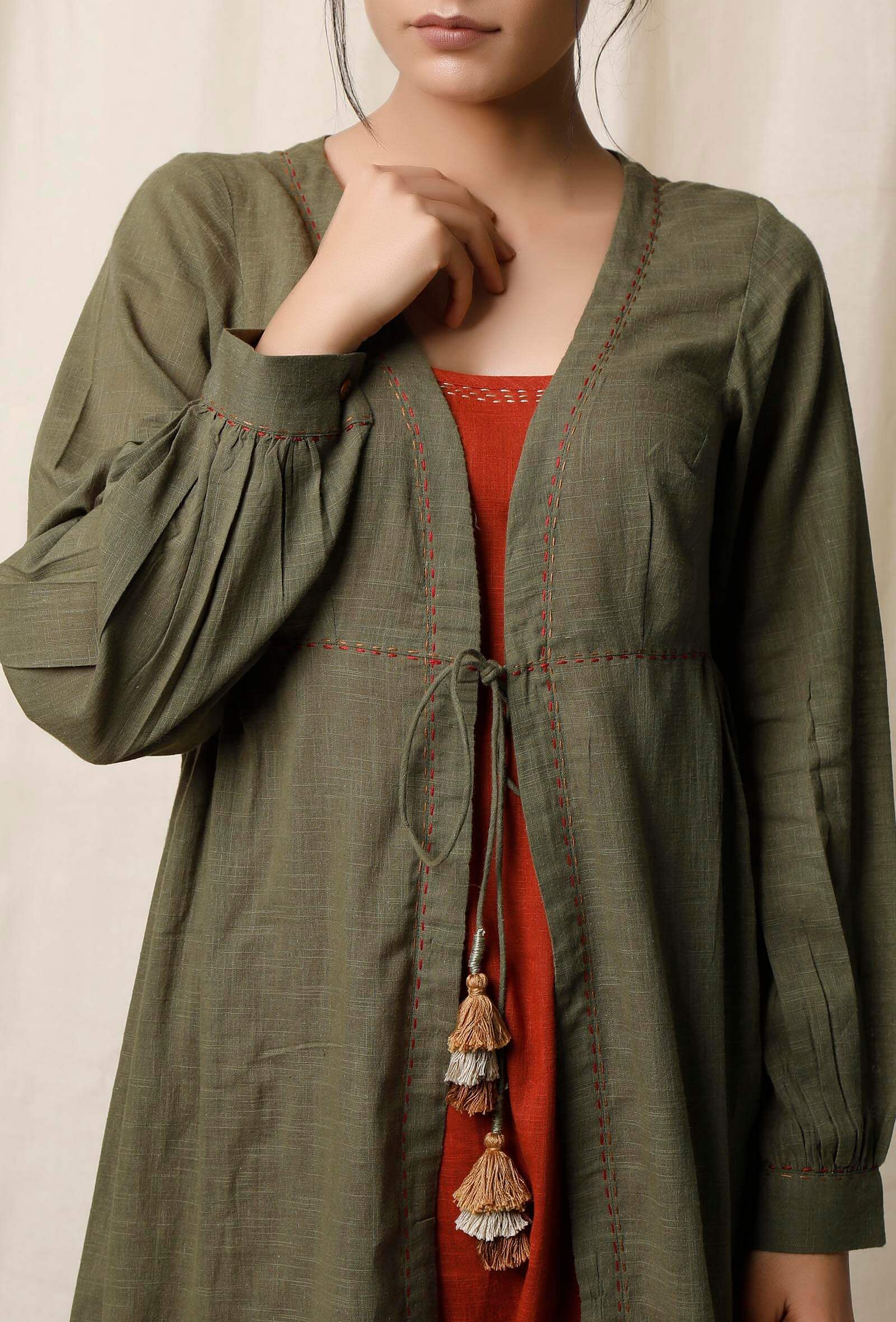 Mehendi Cotton Slub Gathered Shrug
