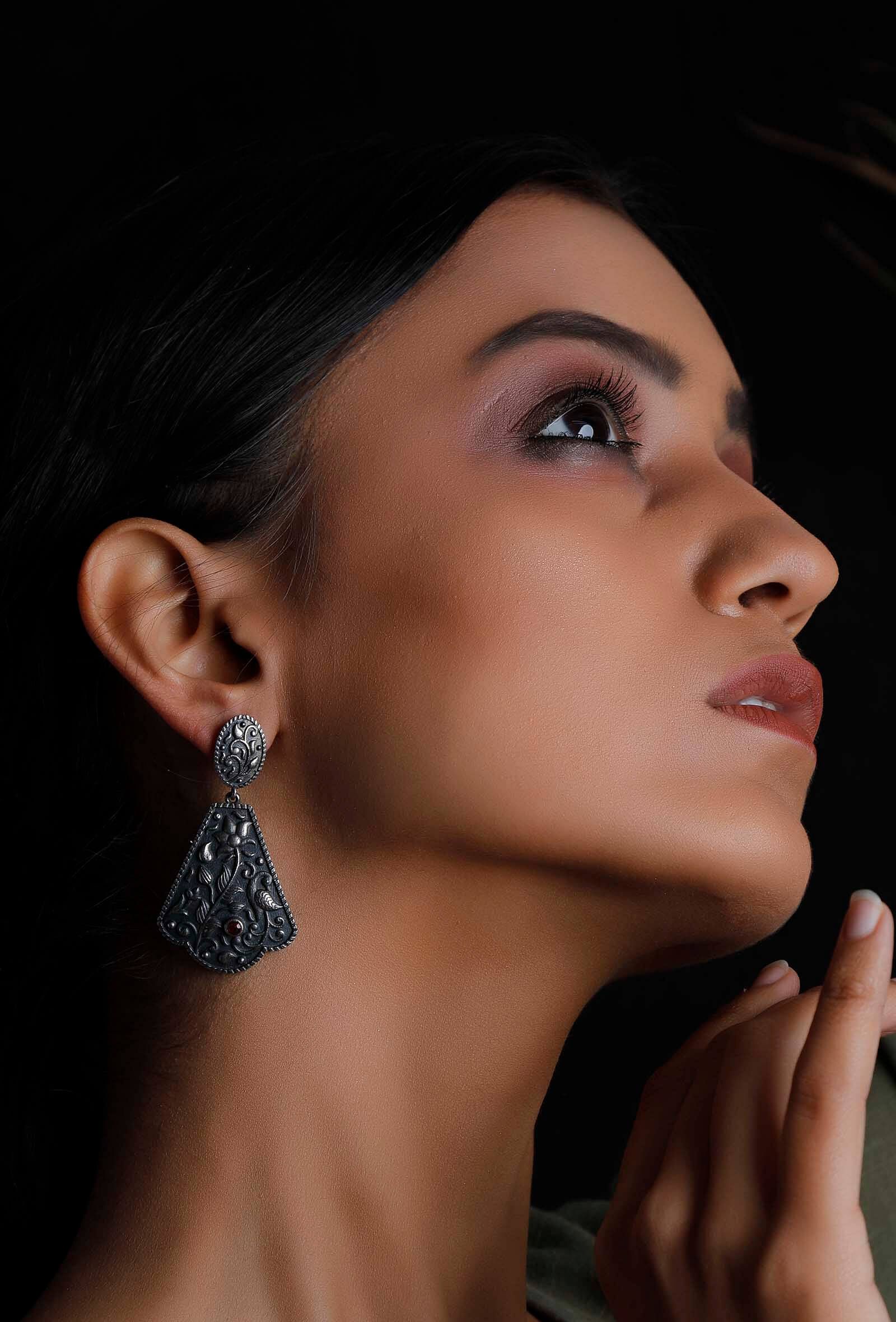 Nature Motif Red Stone Brass Earrings