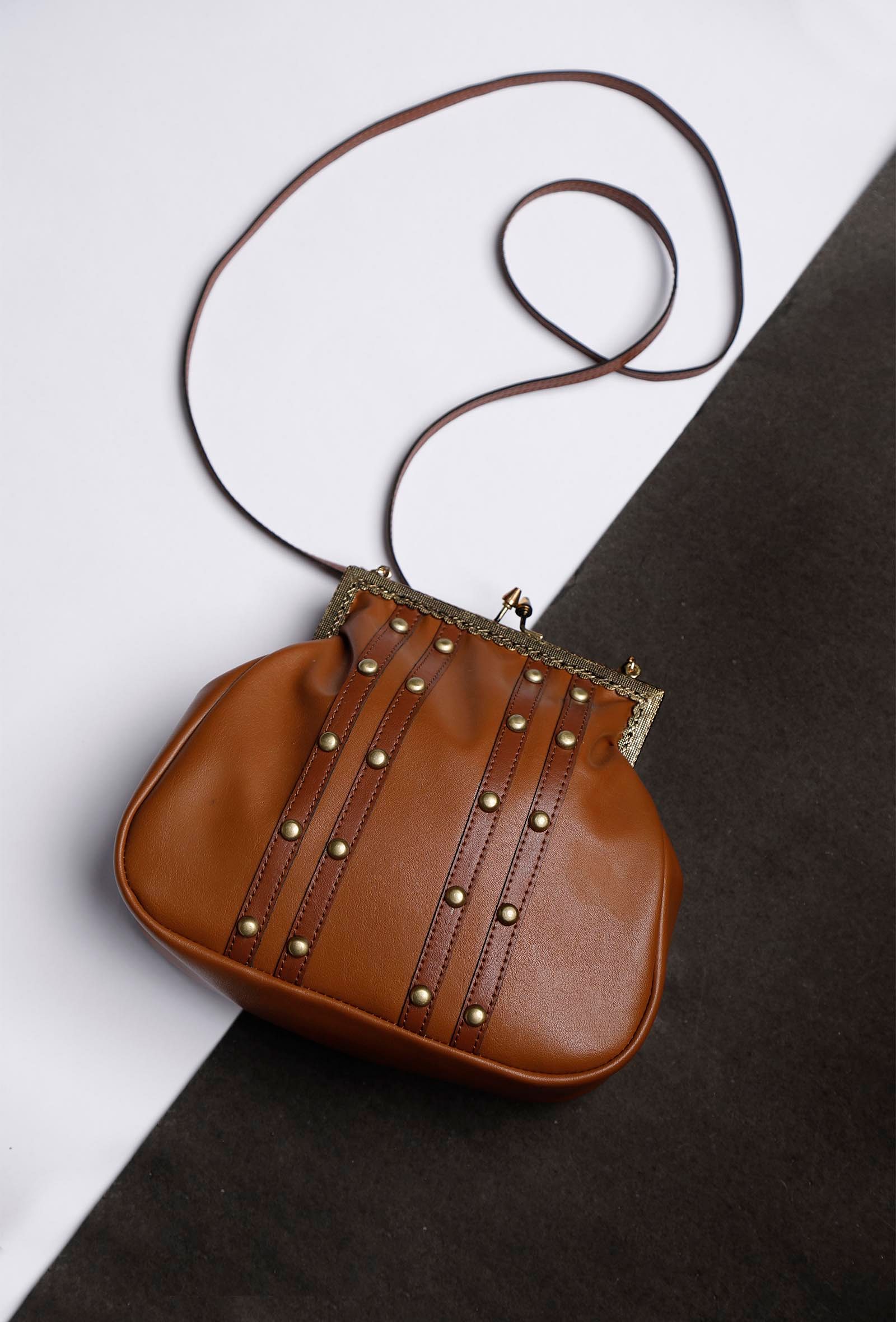 Tan And Brown Cruelty-Free Leather Sling Bag