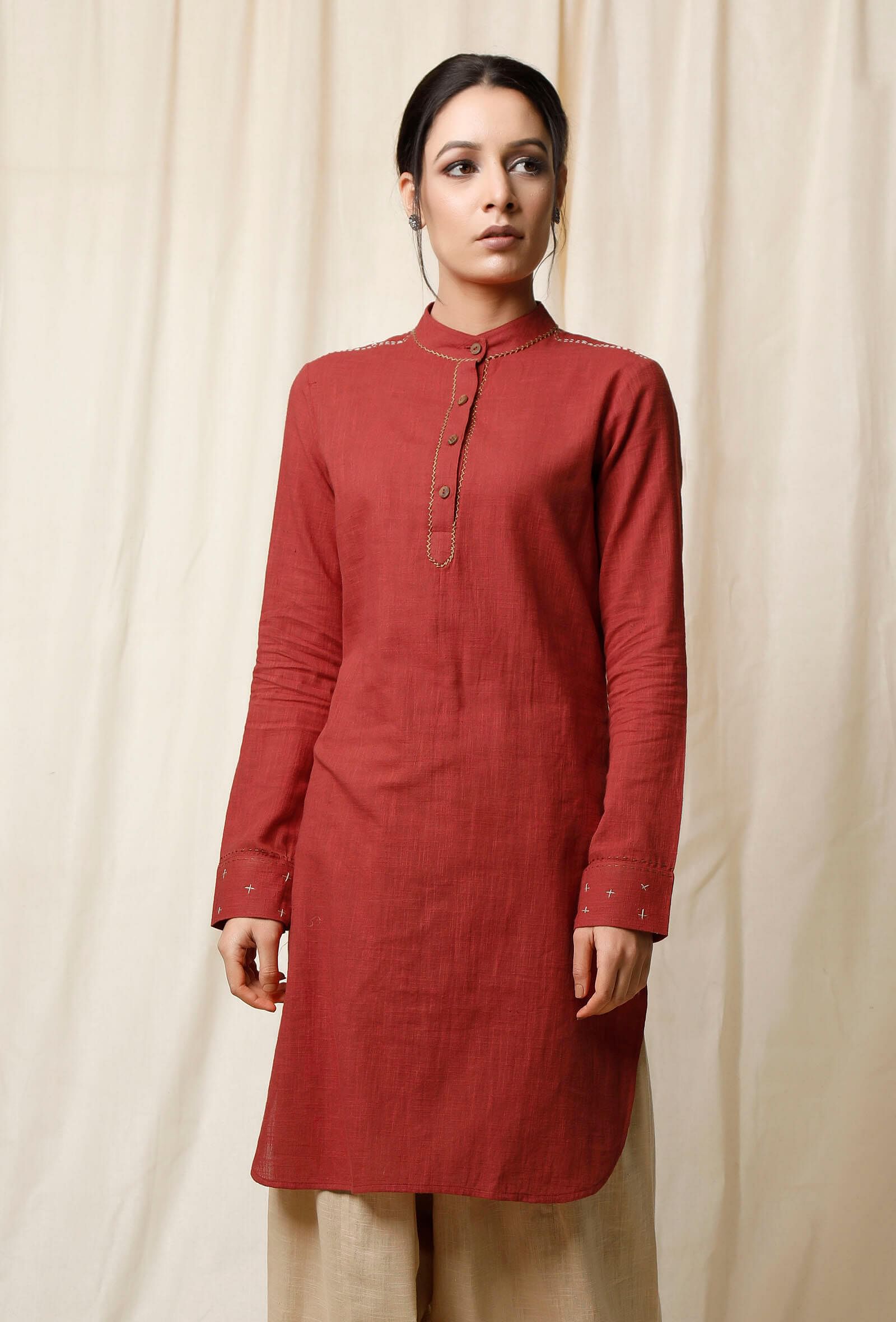 Set of 2: Gerua Pathani Kurta & Beige Cotton Salwar