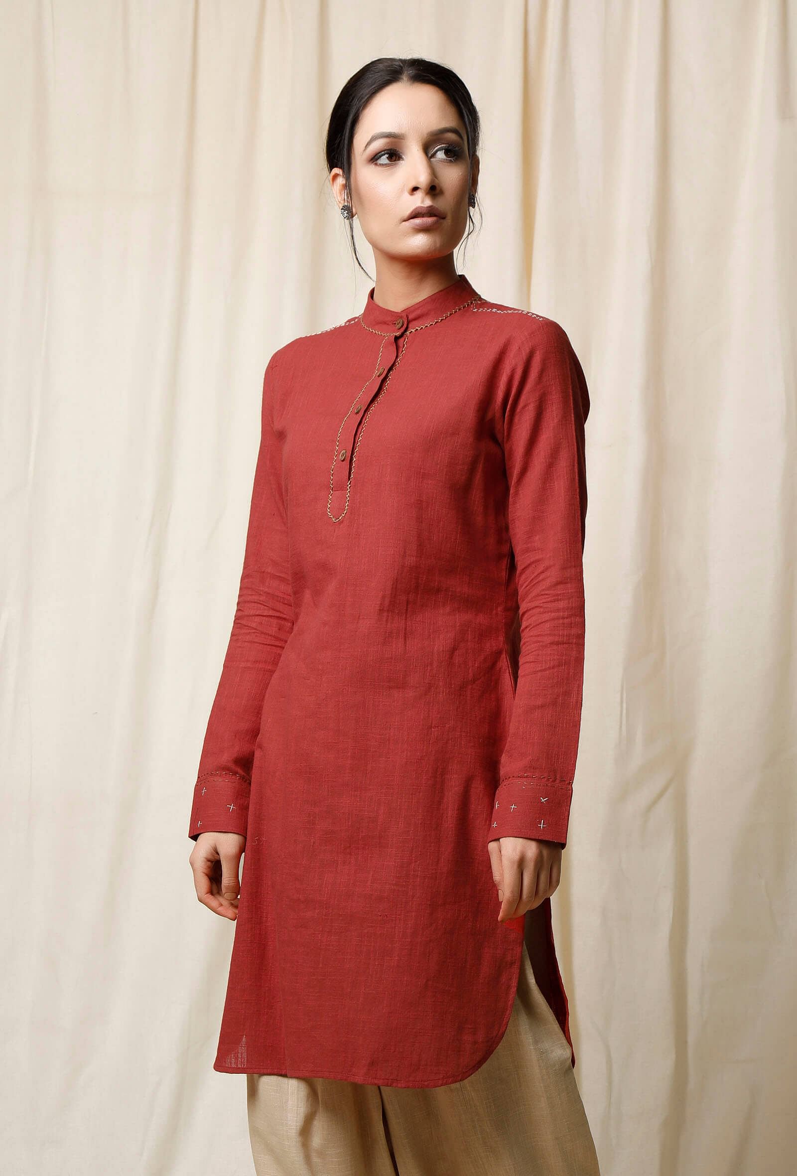 Set of 2: Gerua Pathani Kurta & Beige Cotton Salwar