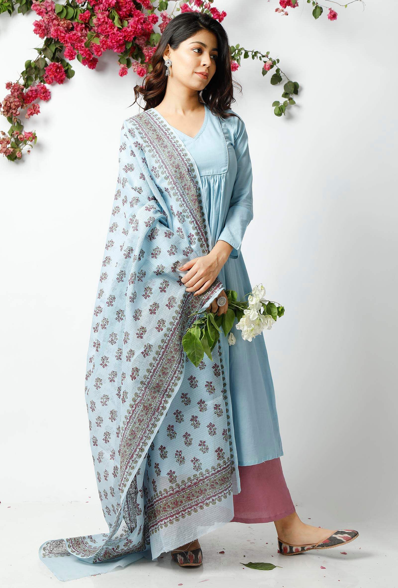 Set of 3: The Innocent Baby Blue Cotton Kurta with Matching Dupatta & Palazzo