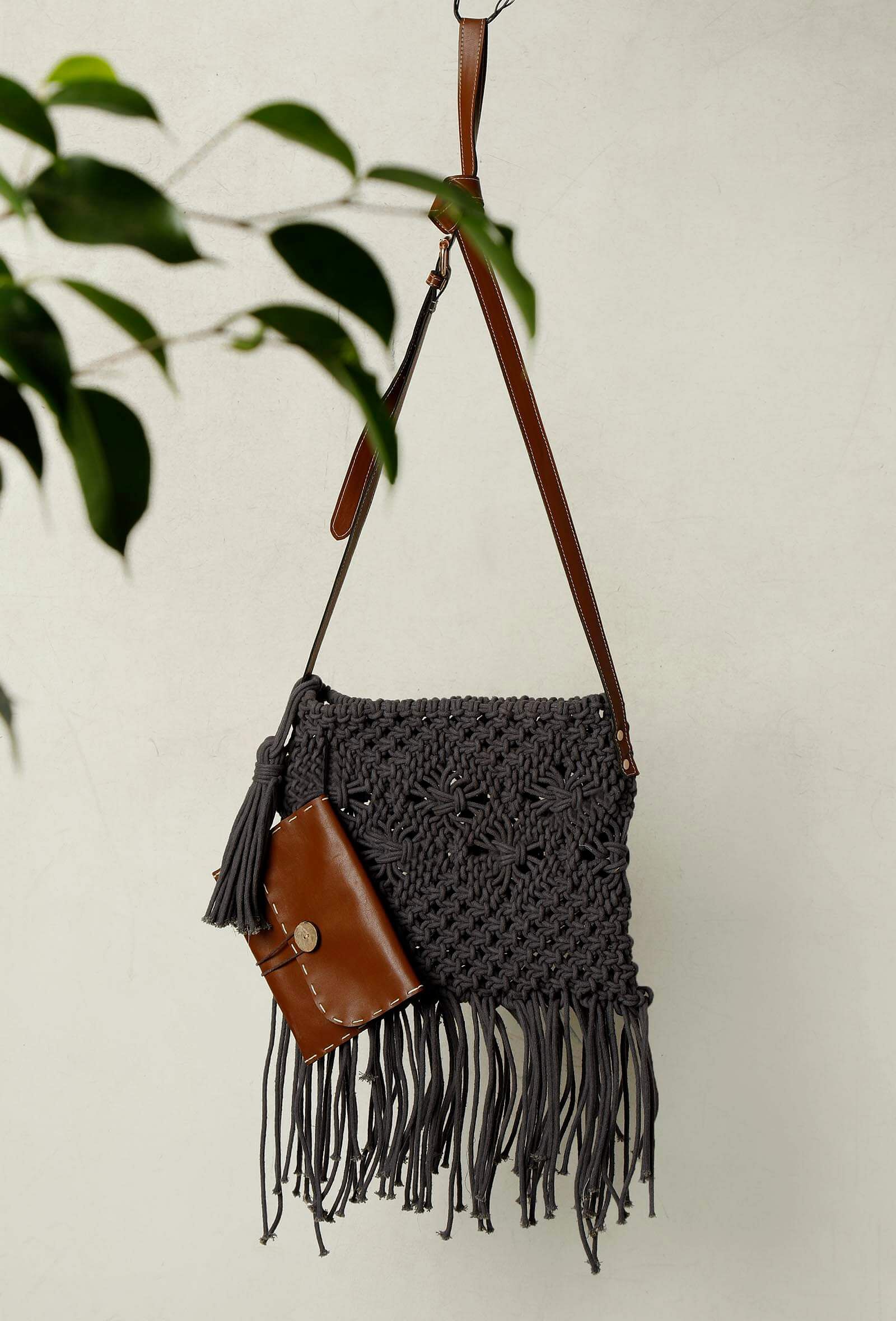Grey Macrame Woven Sling Bag With Cruelty-Free Leather  Pouch