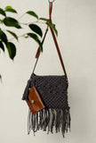 Grey Macrame Woven Sling Bag With Cruelty-Free Leather  Pouch