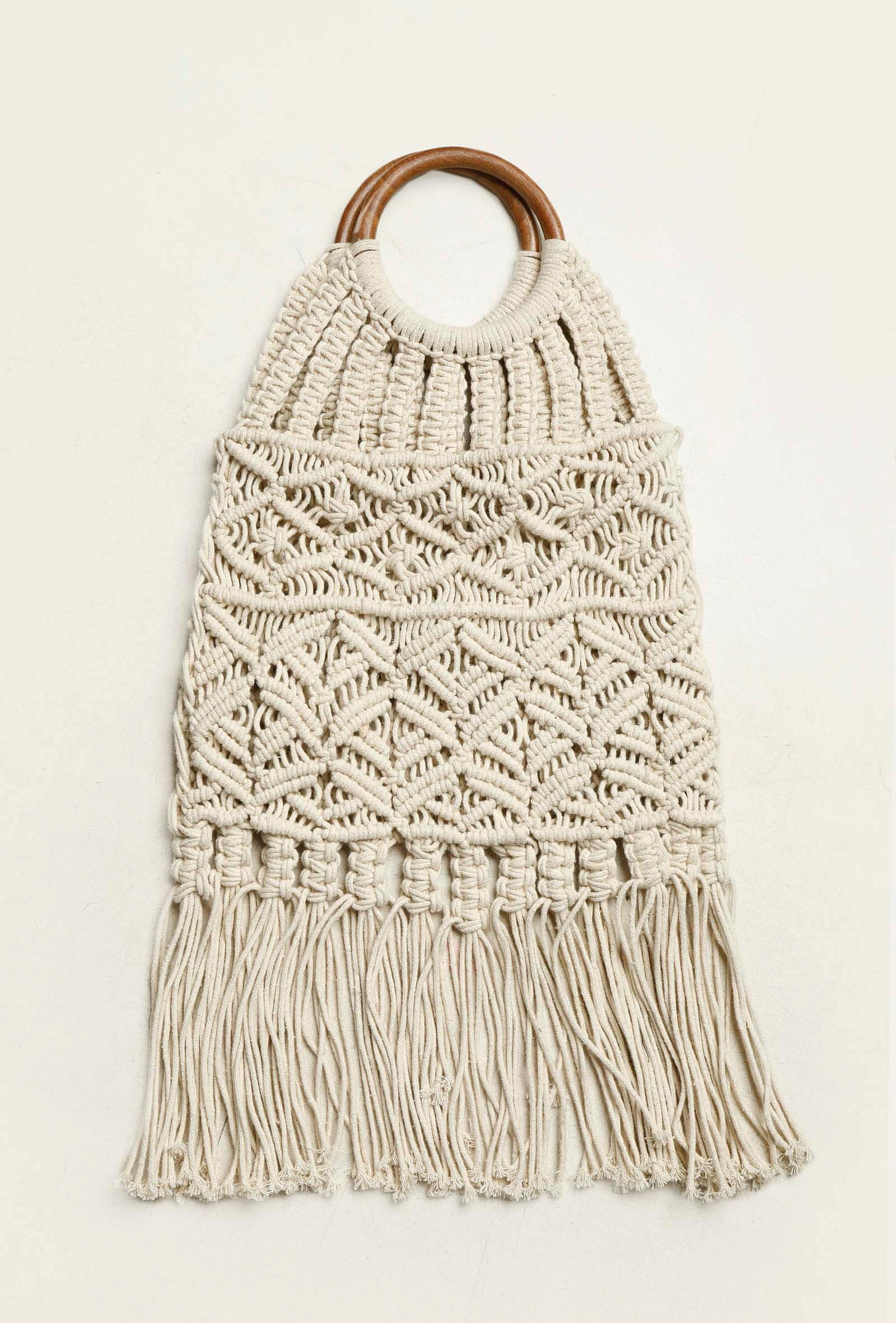 White Macrame Woven Bag With Cruelty-Free Leather  Pouch