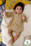 Beige Bamboo Fabric Side Placket Top And Shorts
